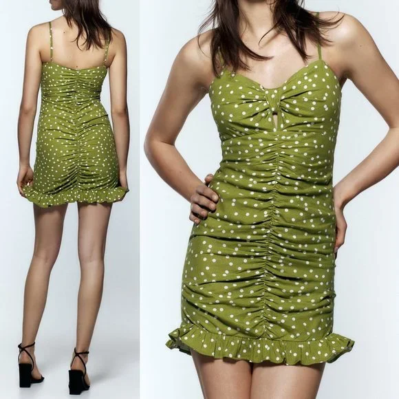 Zara | Dresses | New Zara Linen Blend Bow Knot Cutout Polka Dot Draped  Ruched Ruffle Mini Dress L | Poshmark